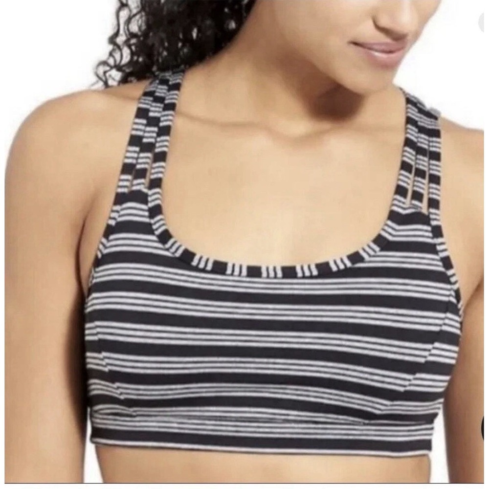 Athleta Striped Fully Focused Sports Bra Size Small Removable Pads Black Gray